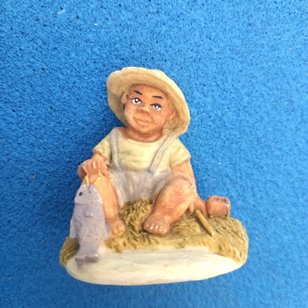 Vintage Ceramic Little Brown Boy Fishing Figurine